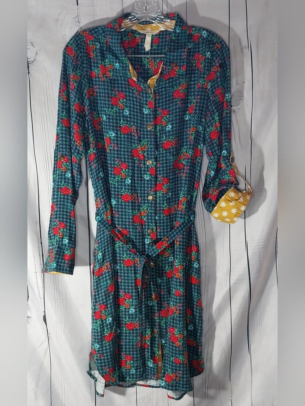 Matilda Jane Fa La La Floral Plaid Boho ShabbyChic Boho Button-Front Shirt Dress